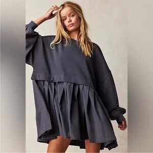 Free People Eleanor Sweatshirt Tunic Dress Oversized Cotton Solid L Charcoal